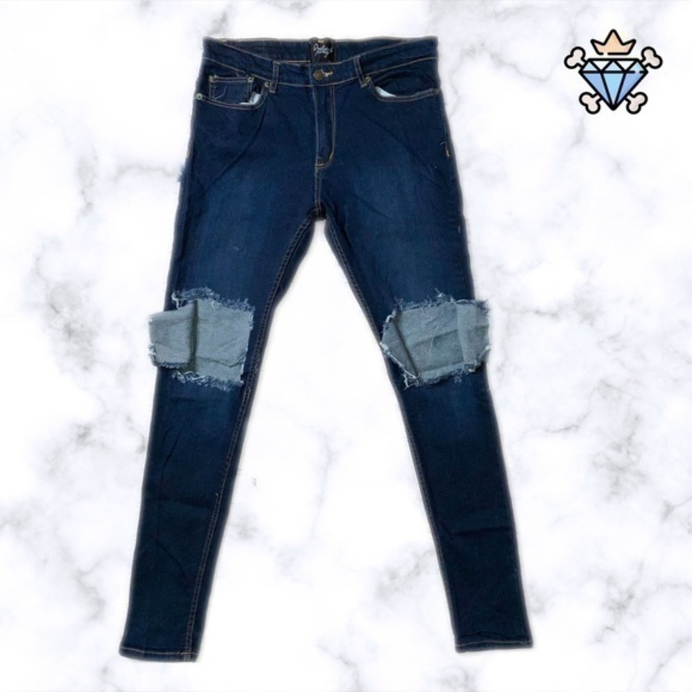 RECLAIMED VINTAGE MENS INDIGO SKINNY JEANS TORN KNEE CUTOUT RIPPED SIZE 32X30